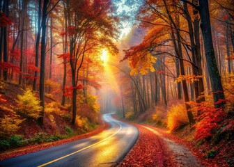 Obraz premium Low light paints an autumn road and colorful forest; fall foliage makes a scenic drive unforgettable.