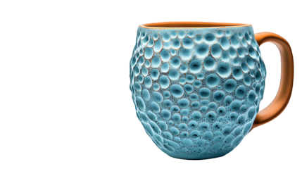 an orange coffee mug with blue bubbles on a transparent background, with a black surface PNG image, PNG file, Generative art.