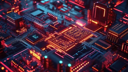 Fototapeta premium Neon-lit circuit boards a cityscape