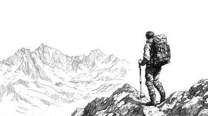 Black and white ink drawing of an explorer with walking sticks in the mountains

