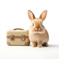 Obraz premium A cute rabbit sits beside a small suitcase, creating an adorable and whimsical travel theme.