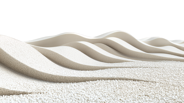 abstract 3d landscape of white sand, waves, hills, snow, hills, hills, sand, dunes, hills, dunes,, curves, sand PNG image, PNG file, Generative art.