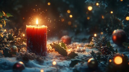Magical Christmas Candle in Snowy Winter Scene