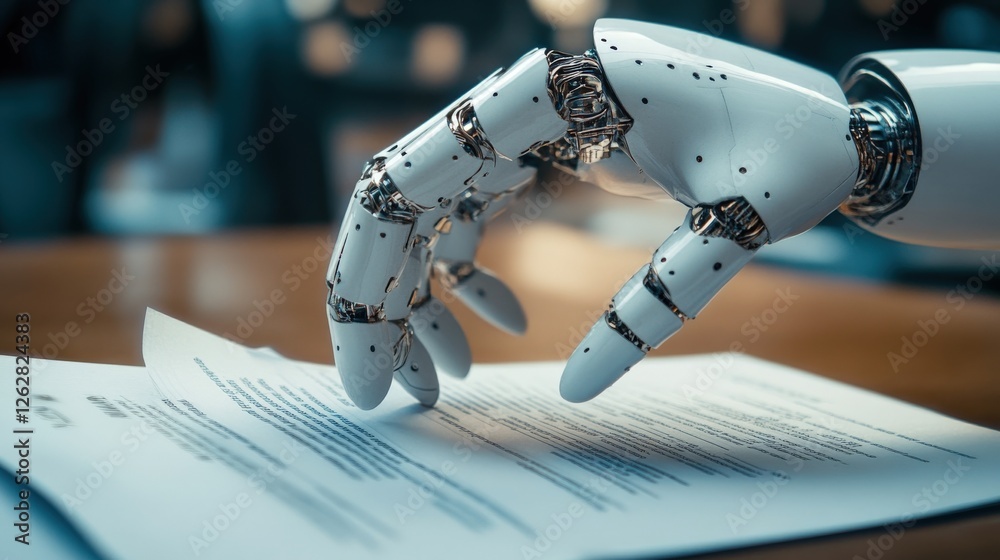Aufkleber Robotic Hand Reaching for Document on Table in Modern Office Setting