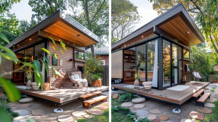 Obraz premium Modern Minimalist Wooden House Surrounded by Greenery and Nature