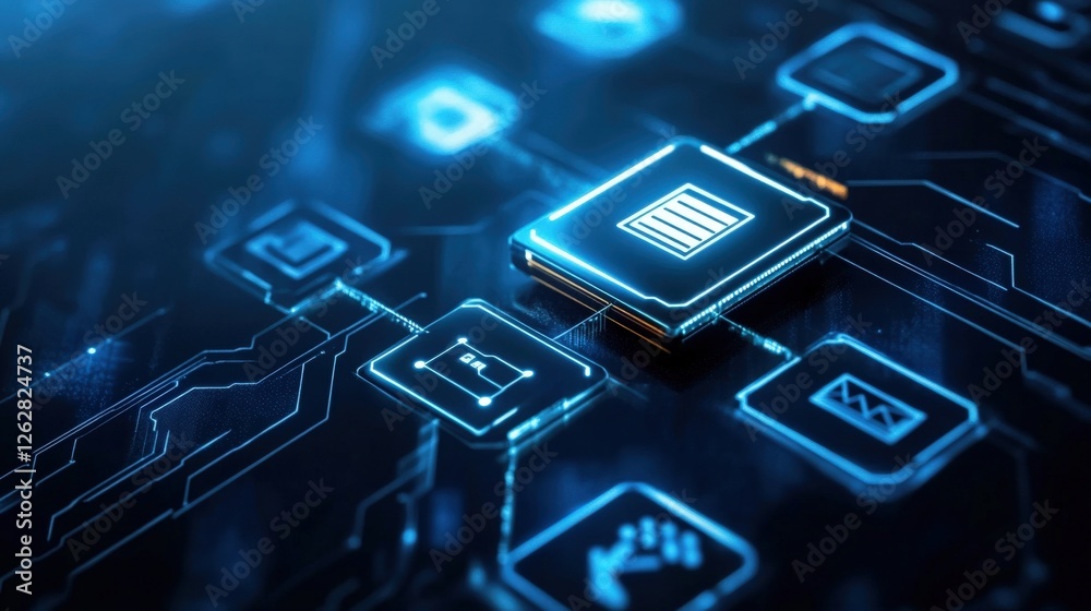 Poster Futuristic Technology Interface with Glowing Circuit Elements and Icons