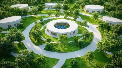 Sustainable urban architecture green building innovative solutions. A serene architectural design featuring circular buildings surrounded by lush greenery and pathways, promoting harmony with nature.