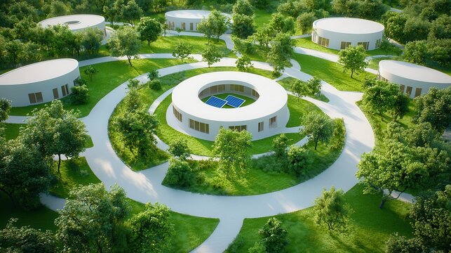Sustainable urban architecture green building innovative solutions. A serene architectural design featuring circular buildings surrounded by lush greenery and pathways, promoting harmony with nature.