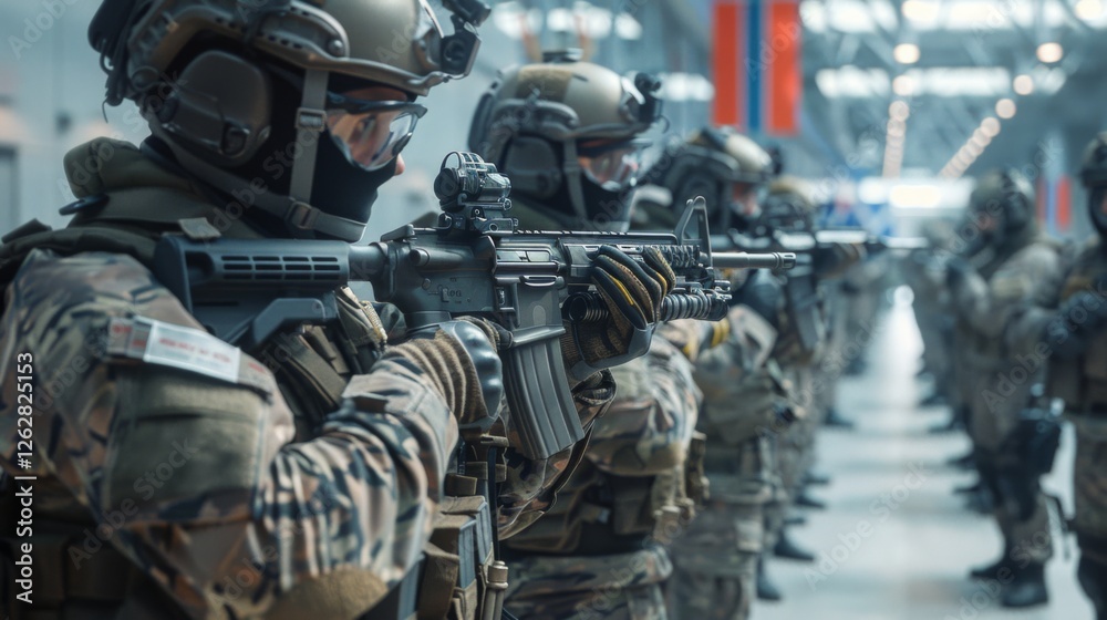 Fototapete members of a military unit equipped with rifles stand in a line inside a secure facility, displaying