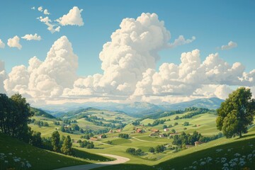 Scenic rural valley under a vast sky. Ideal for showcasing peace and tranquility. Possible use Stock photography for nature, travel, or backgrounds