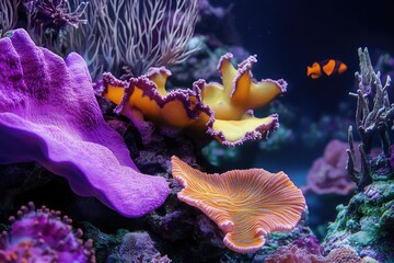 Fototapeta premium A vibrant coral reef with colorful corals and tropical fish, under the blue sky of an island in the South Seas.