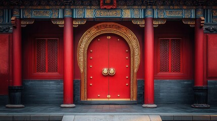 Ornate red door of a Chinese temple with gold accents and red pillars.