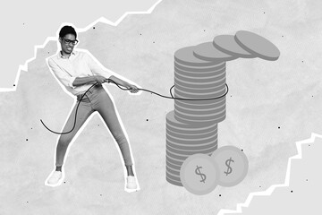 Composite collage picture of hardworking person hands pull string huge pile stack money coins...