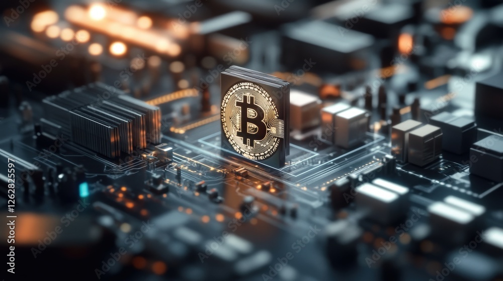 Poster bitcoin cryptocurrency symbol on circuit board in digital environment