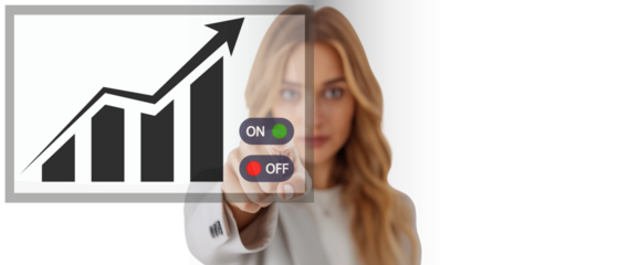 businesswoman turning on success button isolated over white background; concept of work success, manager helping team to achive target, building perfect strategy 2025