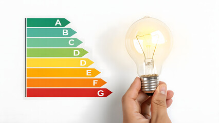 An energy efficiency rating stands beside a glowing bulb, symbolizing sustainable energy sources.