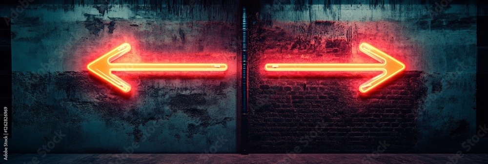 Aufkleber two glowing red neon arrows pointing in opposite directions on a grungy textured wall represent diff