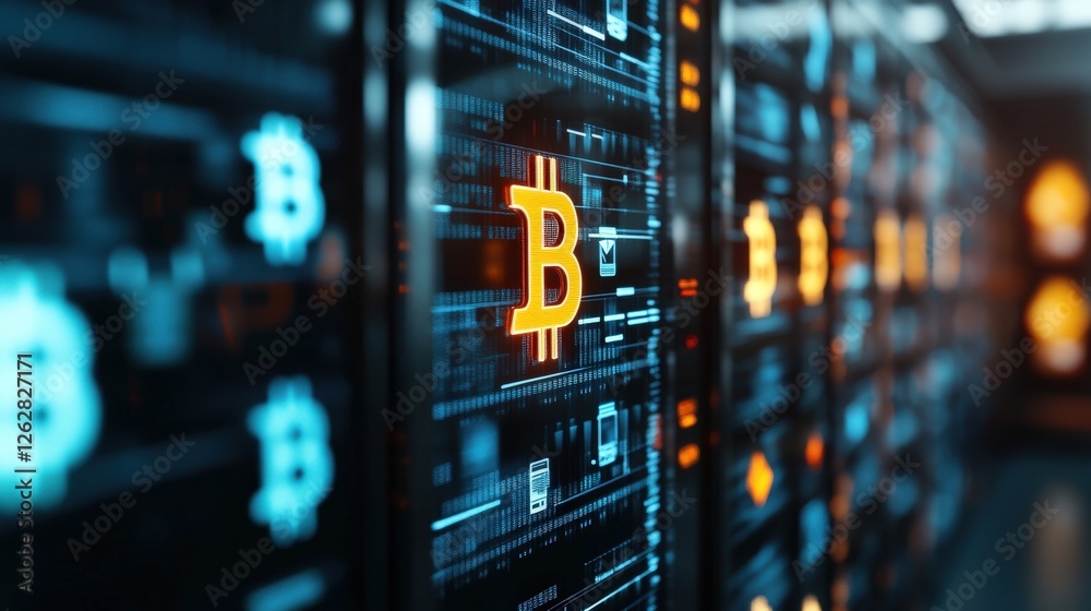 Poster Digital Representation of Cryptocurrency with Bitcoin Symbol on Screen