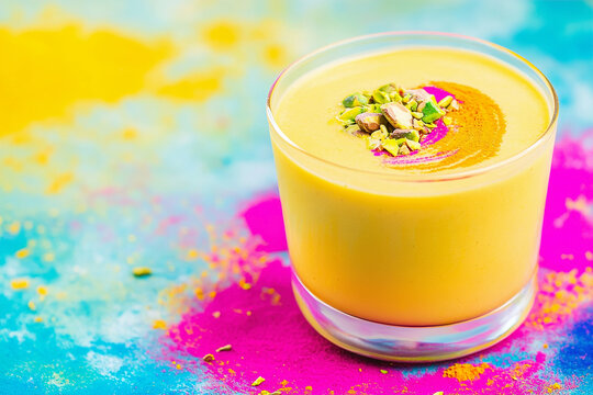 Traditional indian drink thandai garnished with pistachios sits on a vibrant surface decorated with colorful powder