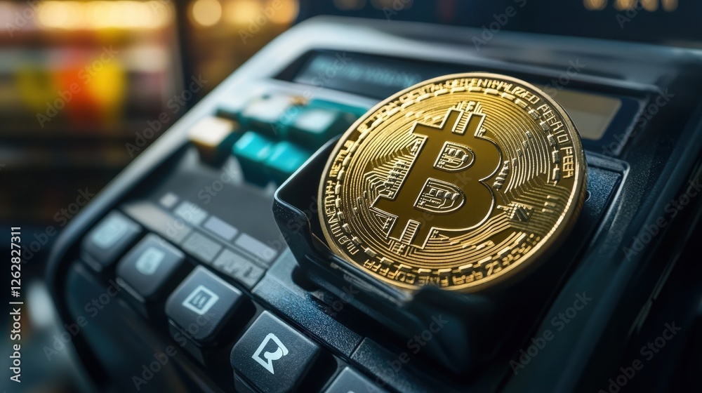 Poster gold bitcoin coin on cryptocurrency machine with blurred background