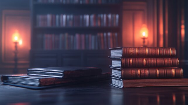 Stack of antique books on a dark wooden desk, with a blurred background of a dimly lit library.