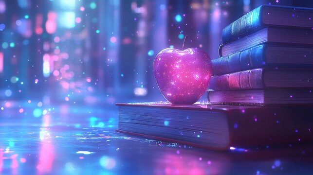 Glowing apple rests on a stack of books in a magical, nighttime setting. Sparkling lights and a dreamy atmosphere. - Powered by Adobe