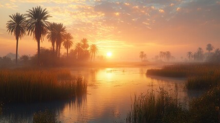 Obraz premium Sunrise over tranquil oasis with palm trees and misty river.