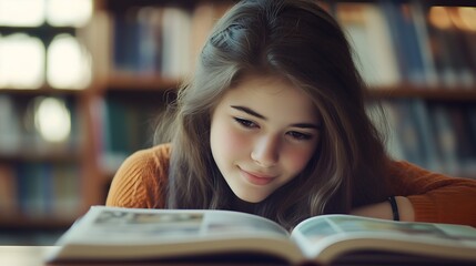 Young Woman Immersed in Reading at a Library, Enjoying Literature and Learning in a Quiet Study Environment