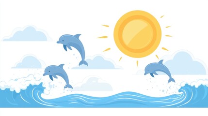 Three Playful Dolphins Jumping Over Waves Under a Bright Sun in a Vibrant Ocean Scene