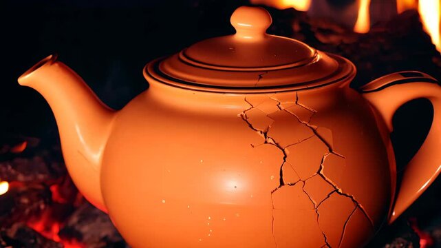 Intense teapot disintegration amidst fire: dramatic breakdown of ceramics in flames
