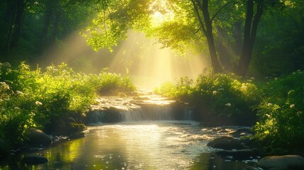 Sunbeams illuminate a tranquil forest stream with a small waterfall.