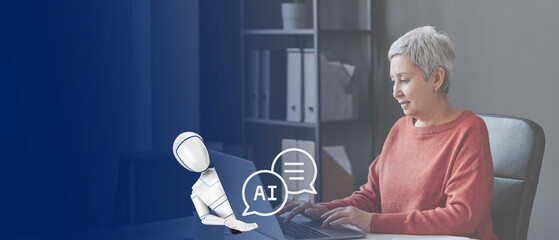 senior lady working on her laptop; chat symbols layer  and robot on her computer; concept of ai help for understanding modern world, using artificial intelligence by older people; copy space