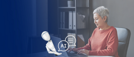 senior lady working on her laptop; chat symbols layer  and robot on her computer; concept of ai help for understanding modern world, using artificial intelligence by older people; copy space