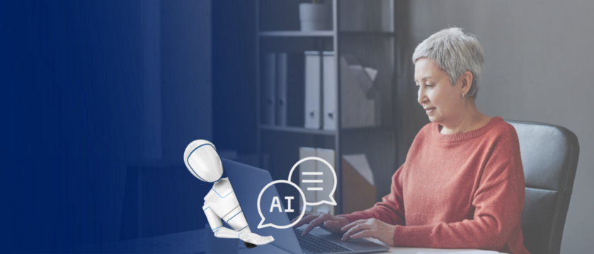 senior lady working on her laptop; chat symbols layer  and robot on her computer; concept of ai help for understanding modern world, using artificial intelligence by older people; copy space