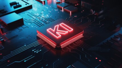 Fototapeta premium A close-up of a modern computer chip with a vibrant red KI, kunstliche Intelligenz, or artificial intelligence in German
