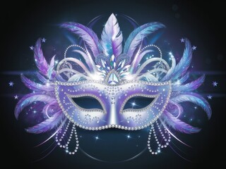 Elegant purple mask adorned with feathers and jewels for masquerade events