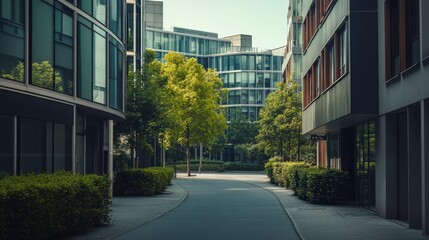 Tranquil Urban Pathway Amidst Modern Architecture