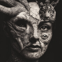 Obraz premium Mysterious creature blending human features with animal traits in a surreal composition