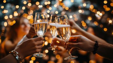 Success, hands or toast in a party for goals  with champagne drinks or wine glasses at dinner