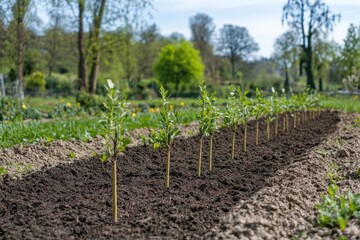 Planting young trees in the garden during a vibrant spring day