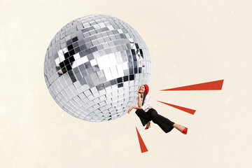 Exclusive sketch collage of happy glamour girl stand disco ball celebration event enjoy club...