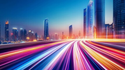 Fototapeta premium Vibrant city skyline at dusk with illuminated traffic trails and towering skyscrapers in the background