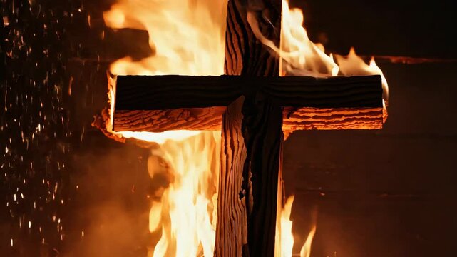 Intense blaze engulfs burning cross in dramatic nighttime fire scene