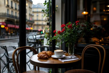 Fototapeta premium Parisian Cafe Table with Coffee and Croissants