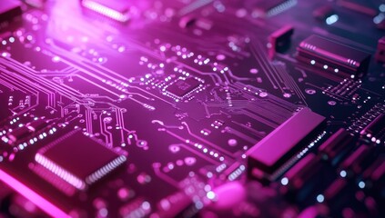 Lock on a digital circuit board, a cyber security concept with a pink and purple color theme.