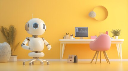 Friendly Robot in Modern Home Office with Yellow Wall Background