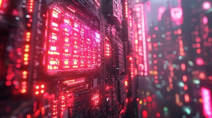 Futuristic circuit wall, neon city background, technology, image for tech poster