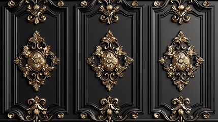 Ornate black and gold wall paneling with intricate designs, suitable for luxury interior decor