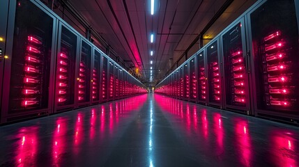 Fototapeta premium Server farm interior, rows of illuminated servers, modern data center
