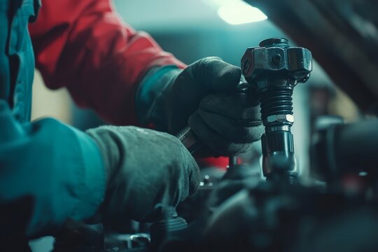 Mechanic Using Torque Wrench to Secure Bolts on Car Engine with Precision